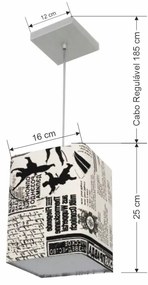 Lustre Pendente Quadrado Md-4007 Cúpula em Tecido 25/16x16cm Ny-Jornal - Bivolt