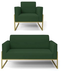 Sofá Namoradeira com Poltrona Base Industrial Alta Dourado Marisa Veludo D03 - DRossi - Verde
