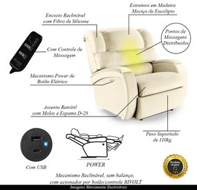 Poltrona do Papai Sala de Cinema Reclinável Kylie Power Touch Massagem USB PU Bege G23