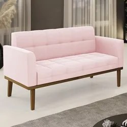 Sofá Namoradeira Base Madeira Castanho Ana Suede Rosa Bebê - Ibiza