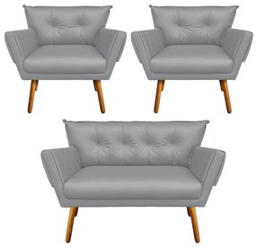Kit 01 Namoradeira e 02 Poltronas Anitta Corino Pés Palito Castanho D03 - D'Rossi - Cinza