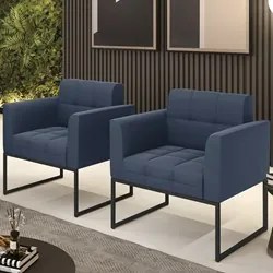 Poltrona Base Industrial Preto Kit 2 Ana Suede Azul Marinho - Ibiza