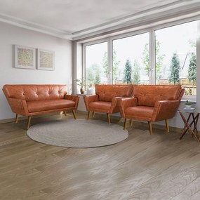 Sofá Namoradeira e 2 Poltronas Pé de Madeira Anitta Sintético PU Nozes D03 - D'Rossi