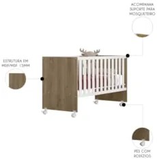 Berço Reto Para Colchão 130x60 Com Rodízios Doce Sonho Carvalho/Branco