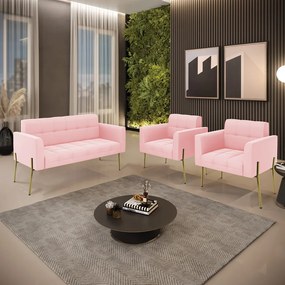 Sofá Namoradeira e 2 Poltronas Pé de Ferro Dourado Elisa Suede D03 - D'Rossi - Rosa Bebê