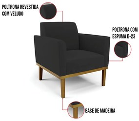 Poltrona Base de Madeira Fixa Castanho Marisa Veludo  D03 - D'Rossi - Preto