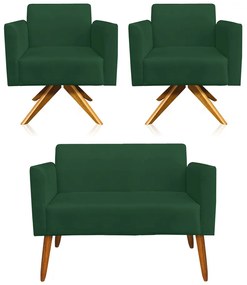 Kit 01 Namoradeira 02 Lugares e 02 Poltronas Marisa Suede Verde Base Giratória Madeira MA30 D'Rossi