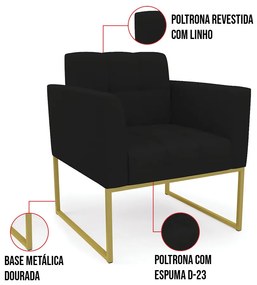 Kit 1 Sofá Namoradeira e 2 Poltronas Elisa Linho Base Metálica Industrial Dourado D03 - D'Rossi - A79 Preto