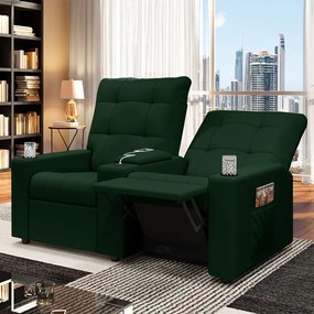 Poltrona do Papai Reclinável Sala de Cinema Movie 2 Lugares Manual Baú USB Veludo Verde Esmeralda G23