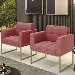 Poltrona Base Industrial Dourado Kit 2 Ana Suede Rosê - Ibiza