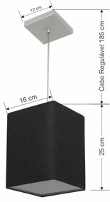 Lustre Pendente Quadrado Md-4007 Cúpula em Tecido 25/16x16cm Preto - Bivolt