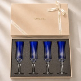 Kit 4 Taças de Cristal Flauta Lapidado 66 p/ Champanhe c/ Caixa de Presente - Azul Escuro Azul Escuro