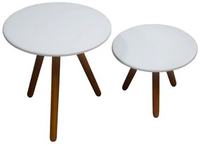 Mesa De Centro + Mesa Lateral Redondo Sala Madeira Branco