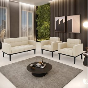 Sofá Namoradeira e 2 Poltronas Base de Madeira Preto Elisa Suede D03 - D'Rossi - Bege