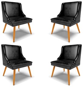 Kit 4 Cadeiras Decorativas Sala de Jantar Pés Palito de Madeira Firenze PU Preto Brilho/Natural G19 - Gran Belo
