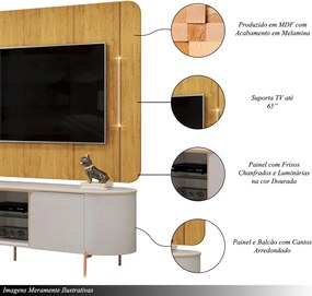 Painel e Bancada TV 65" 2 Portas Deep Luminárias Douradas Pés Metálicos Bali/Cedro G18 - Gran Belo