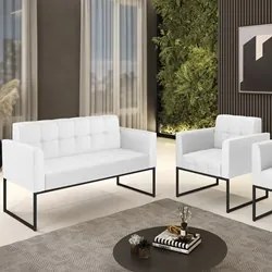 Sofá Namoradeira e 1 Poltrona Base Industrial Preto Ana Sintético Bran
