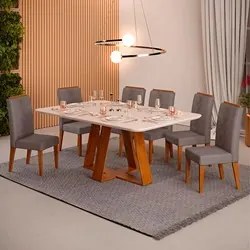 Mesa de Jantar Kiara 160cm Com 6 Cadeiras Yasmin D04 Freijó/Veludo Lun