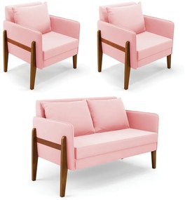Kit 1 Sofá Namoradeira e 2 Poltronas Lana Suede Rosa Bebê Base de Madeira - D'Rossi
