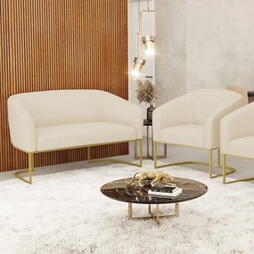 Sofá Namoradeira e Poltrona Base Industrial Dourado Stella Linho D03 - D'Rossi - A19 Bege