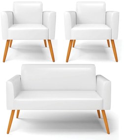 Sofá Namoradeira com 2 Poltronas Pés Palito Castanho Marisa Corano D03 - D'Rossi - Branco