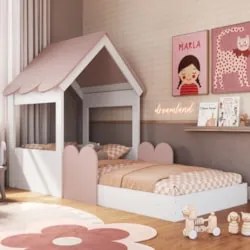 Cama Solteiro Infantil Montessoriana Casinha Nana Branco/Rosa C06 - Mp