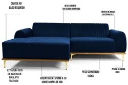 Sofá 350cm 6 Lugares com Chaise Esquerdo Pés Gold Molino C-304 Veludo