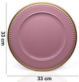 Sousplat para Prato de Mesa Decorativo Rosa Com Detalhes Em Dourado 33cm - D'Rossi
