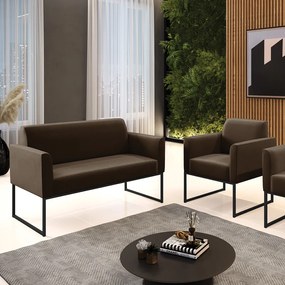 Sofá Namoradeira com Poltrona Base Industrial Preto Marisa Suede Marrom D03 - D'Rossi