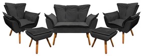 Namoradeira com 2 Poltronas e 2 Puffs Pé Palito Madeira Opala Corino D03 - D'Rossi - Preto