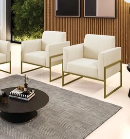 Kit 2 Poltronas Base Industrial Alta Dourado Marisa Linho - A19 Bege