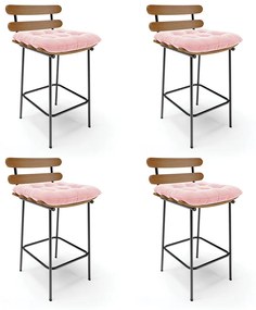 Kit 04 Banquetas Costela Suede Rosa Bebê Base Metálica Preto - D'Rossi