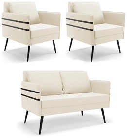 Kit 01 Namoradeira 02 Lugares e 02 Poltronas Mari Veludo Bege Pés Palito de Ferro