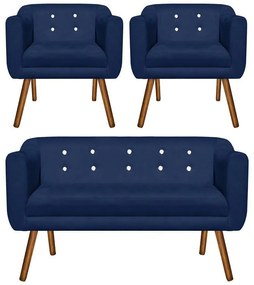 Kit 01 Namoradeira 02 Lugares e 02 Poltronas Julia Suede Azul Marinho com Strass Pés Palito Castanho D'Rossi