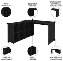 Mesa Escrivaninha em L 140x130cm 8 Nichos Eron A06 Preto - Mpozenato