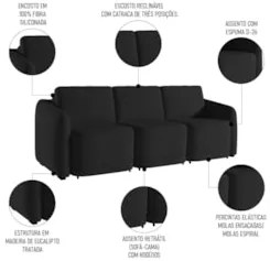 Sofá Cama Casal para Sala 276cm Polska Z08 Veludo Preto - Mpozenato