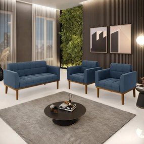 Namoradeira com 2 Poltronas Base de Madeira Castanho Elisa Suede D03 - D'Rossi - Azul Marinho