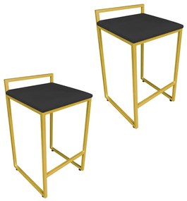 Conjunto 02 Banqueta Alta Industrial Pietra Suede Preto Base Dourado D'Rossi