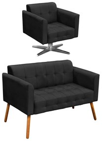 Kit 01 Namoradeira e 01 Poltrona Giratória Elisa Suede Base Estrela Cromada D'Rossi - Preto