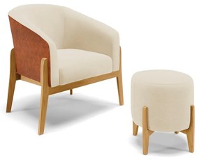Poltrona com Puff Base de Madeira Stella Nozes/Linho Bege D03 - D'Rossi