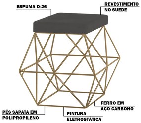 Puff Decorativo Sala de Estar Base Gold Trixie Suede Cinza G41 - Gran Belo