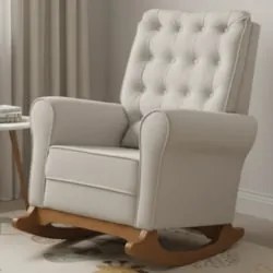 Poltrona Amamentação Base Madeira Balanço Maju Veludo Off F03 - Mpozen