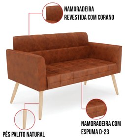 Kit 1 Sofá Namoradeira e 1 Poltrona Elisa Corano Nozes Pés Palito Natural D03 - D'Rossi