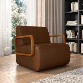 Kit 2 Poltronas Decorativa Sala de Estar Odessa Braços em Madeira PU Marrom G33 - Gran Belo