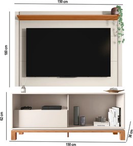 Painel TV 55 Pol 150cm com Rack Bancada para Sala Visari C01 - D'Rossi - Off White/Freijó