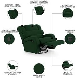Poltrona do Papai Reclinável Kalie Glider Giratória USB FH9 Veludo Ver