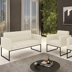 Sofá Namoradeira e 1 Poltrona Base Industrial Preto Ana Linho Bege - I