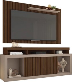 Conjunto Painel e Rack Bancada Toquio 180cm MDP Portas de correr Ripado Havana/Fendi G11 - Gran Belo