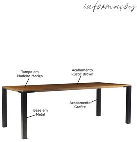 Mesa Sala de Jantar Cozinha Bladel 190cm Grafite Madeira Maciça Rustic Brown G54 - Gran Belo