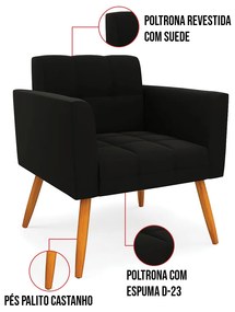 Kit 1 Sofá Namoradeira e 2 Poltronas Elisa Suede Pés Palito Castanho D03 - D'Rossi - Preto